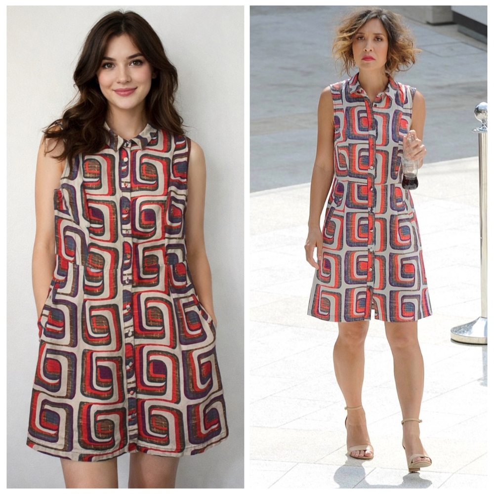 Boden Sleeveless Geometric Print Mini Dress in Red, Blue, Cream